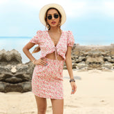 Floral Beach V-neck Short-sleeved Hip Dress Sai Feel
