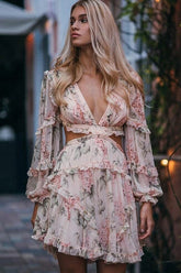Floral Long Sleeve Ruffle Lace-Up Back Mini Dress Sai Feel