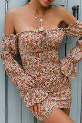 Floral Off-Shoulder Shirred Back Bodycon Dress Sai Feel