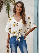 Floral Print Deep V Neck Knot Front Batwing Sleeve Tee Shirt Sai Feel