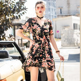 Floral Print Elastic Waist A-line Mini Dress with Belt Sai Feel