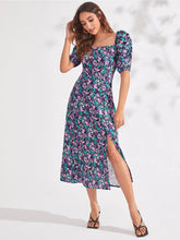 Floral Print Puff Sleeve Smocked Back Split Thigh Dress Sai Feel