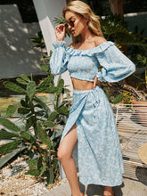 Floral Print Ruffle Hem Shirred Crop Top & Tie Side Skirt Sets Sai Feel