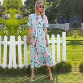 Floral Print Tie & Ruffle Neck Pleated A-line Dress Sai Feel