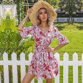 Floral Print V Neck Elastic Waist Flared Sleeve A-Line Dress Sai Feel