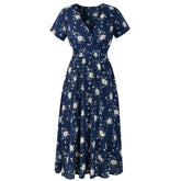 Floral Print V-Neck Ruffle Hem Elastic Waist Dress Sai Feel