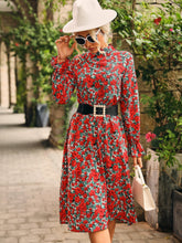 Floral Stand Collar Lantern Sleeve Elastic Waist Dress without Belt Sai Feel