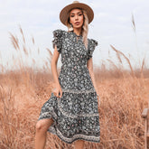 Floral V-neck Flared Sleeve Dress Sai Feel