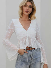 Flounce Sleeve Drawstring bust Swiss Dot Ruched Ruffled Crop Top blouse Sai Feel