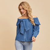 Foldover Off Shoulder Fitted Denim Blouse Sai Feel