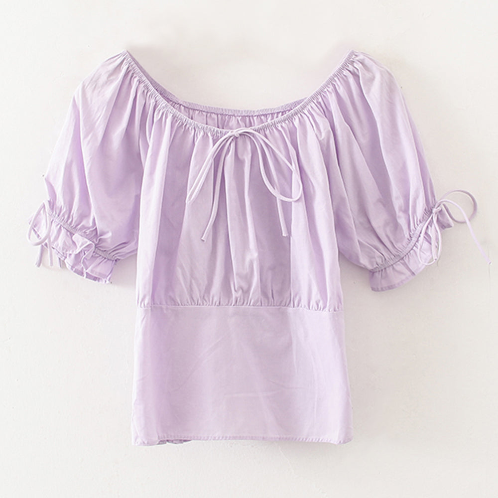 French collar shirt design small style puffy sleeves short purple blouse Sai Feel