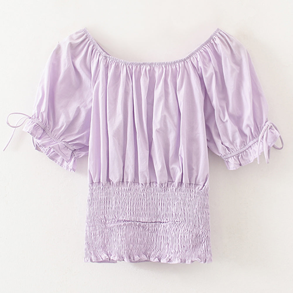 French collar shirt design small style puffy sleeves short purple blouse Sai Feel