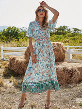Fresh and Sweet V-neck Printed Elastic Waist Dress Sai Feel