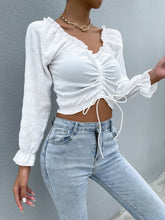 Frill Trim Flounce Sleeve Drawstring Crop Blouse Sai Feel