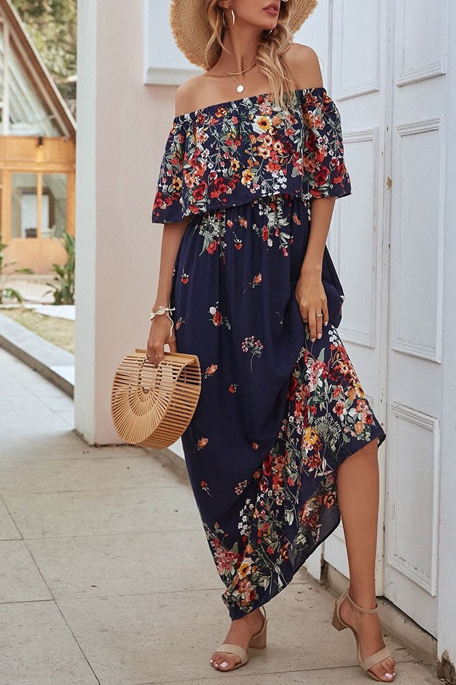 Half Sleeve Patchwork Off Shoulder Floor-Length Spring Women's Dress Sai Feel