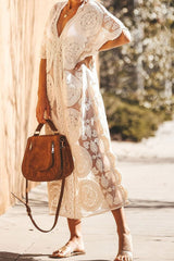 Half Sleeve V-Neck Patchwork Mid-Calf Plain Women's Dress Sai Feel