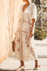 Half Sleeve V-Neck Patchwork Mid-Calf Plain Women's Dress Sai Feel