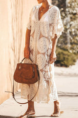 Half Sleeve V-Neck Patchwork Mid-Calf Plain Women's Dress Sai Feel