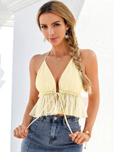 Halterneck Tie Back Dobby Mesh Ruffle Hem Crop Top Sai Feel