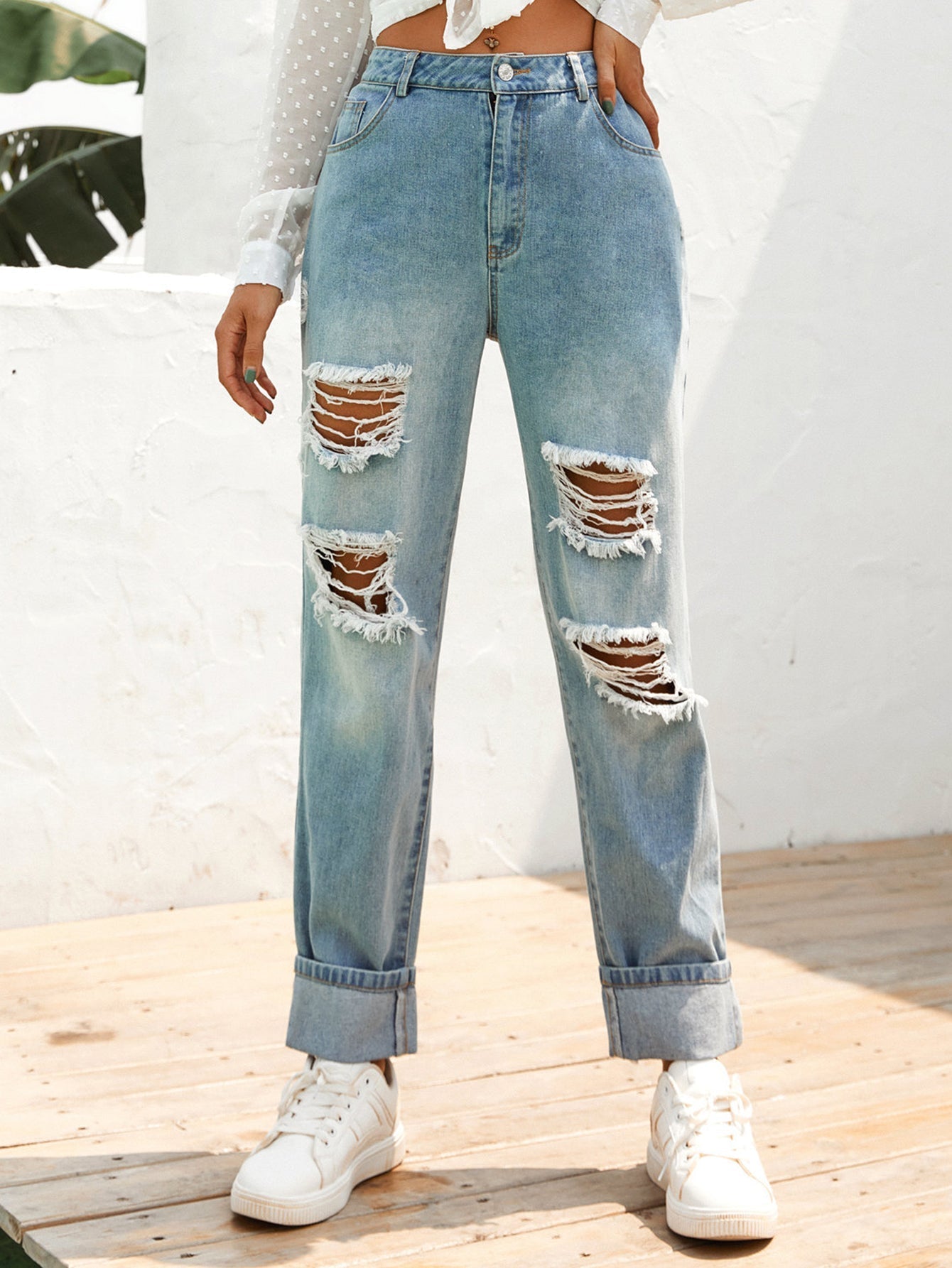 High Waist Ripped Stone Wash Straight Leg Jeans Sai Feel