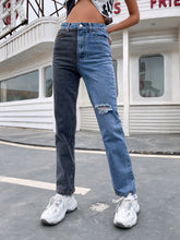 High Waisted Color Block Ripped Straigt Leg Jeans Sai Feel