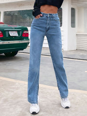 High-Waisted Slant Pocket Split Hem Vintage Straight Jeans Sai Feel