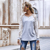 Hollow Lace Sleeves Round Neck Casual Top Sai Feel