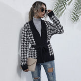 Houndstooth Long Sleeve Loose Knitted Cardigan Women V-neck Spring Autumn Coats Loose Outwear with Belt Sai Feel