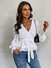 Jacquard Lantern Sleeve Shirred Cuff Belted Blouse Sai Feel