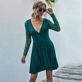 Lace Splicing V-Neck Wrap Elastic Waist Mini Dress Sai Feel
