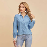 Lace Trim Botton Up Denim Blouse Sai Feel