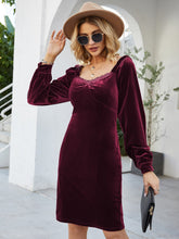 Lace Trim Zip Back Bishop Sleeve Velvet Dress Sai Feel