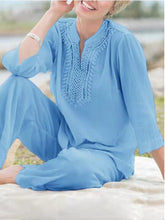 Lace V-Neck Long Sleeve Shirt & Trousers Two-Piece Set Sai Feel