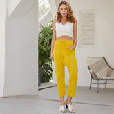 Ladies Fashion Harem Pants Casual Loose Trousers Solid Color Elastic Waist Lace-up Long Pants Boho Pants Sai Feel