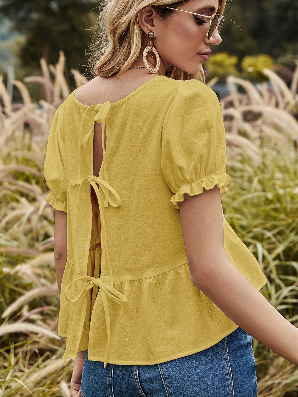 Ladies Halter Strap Cotton Sweet Yellow Short-sleeved T-shirt Top Sai Feel