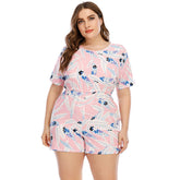 Ladies Print Short Sleeve Plus Size Round Neck Backless Casual Jumpsuit Sai Feel