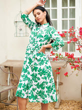 Lapel strap high waist mid length green floral dress Sai Feel
