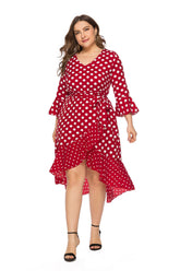 Large Size V-neck Lace Ruffled Polka Dot Dress Sai Feel