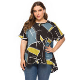 Large Size Women's Loose Geometric Print Short Sleeves T-shirt Sai Feel