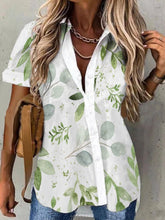 Leaf Print Lapel Button Short Sleeve Blouse Sai Feel