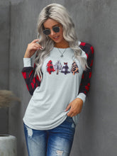 Leopard Christmas Tree Round Collar Casual Top Plaid Long Sleeve Shirt Sai Feel