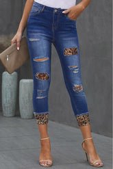 Leopard Pattern Print Ripped Jeans Skinny Leg High Waist Denim Pants with Pockets TURE TO SIZE Sai Feel