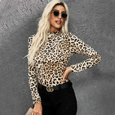 Leopard Print Women Slim Fit Rompers Fashion Ladies Deep High Neck Long Sleeve Stretch Leotard Body Tops Female One Piece Jumpsuit Sai Feel