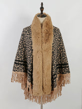 Leopard print fur collar coat with fringed knit shawl Sai Feel