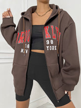 Letter Graphic Zip Up Drop Shoulder Drawstring Thermal Hoodie Sai Feel