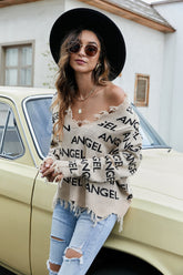 Letter V-neck ripped loose sexy off the shoulder sweater Sai Feel