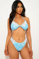 Light Blue White Embroidered Detailing Sheer Mesh Printed Two Piece Swimsuit Sai Feel
