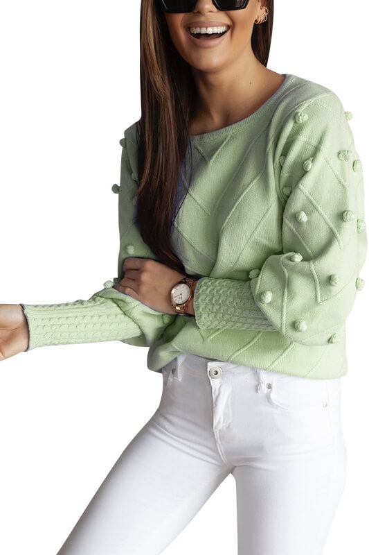 Light Green Long Sleeve Pom-Pom Knit Sweater Sai Feel