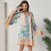 Long Sleeve Floral Print V Neck Tassel Bohemian Belt Waist Midi Dresses Sai Feel