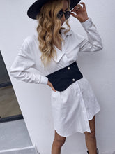 Long Sleeve High Waist A-line Skirt Lapel Mid-length Casual White Dress with Belt Sai Feel